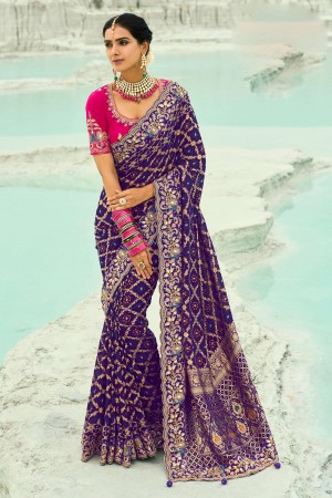 Blue Pure georgette zari embroidered wedding saree with double blouse 8012
